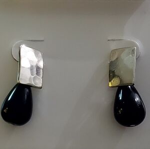 Vintage Hammered Silver Black Onyx Dangle Earrings
